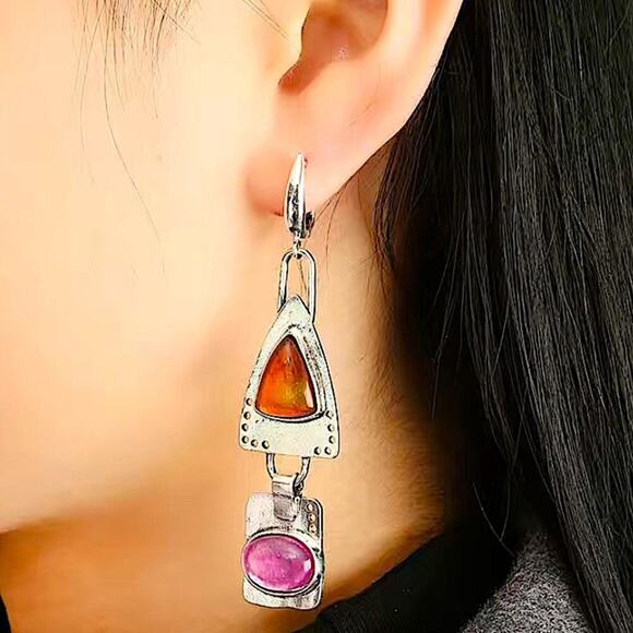 Vintage Boho Geometric Silver Gemstone Irregular Dangle Earrings - Picture 2 of 7